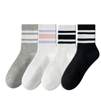 Crew Socks 4-Pack White Base Colorful Ribbed Cuff Striped Design Stretch Comfort Breathable Fit