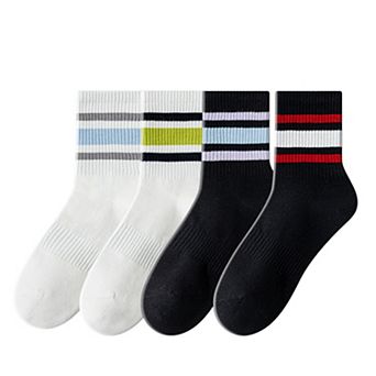 Crew Socks 4-Pack White Base Colorful Ribbed Cuff Striped Design Stretch Comfort Breathable Fit