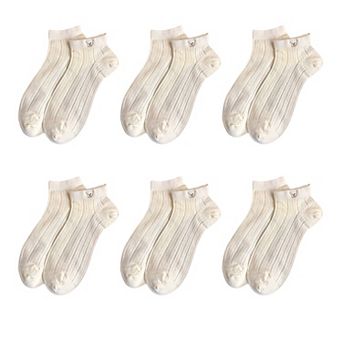 Cute Bear-Embroidered Striped Ankle Socks 6 pk