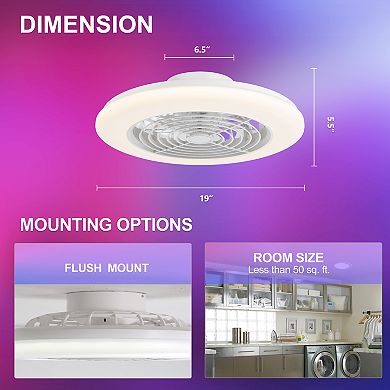 19-In Flush Mount RGB Ceiling Fan with 5 Blades, LED Light, DC Motor, 6 Speed Remote Control, Timer