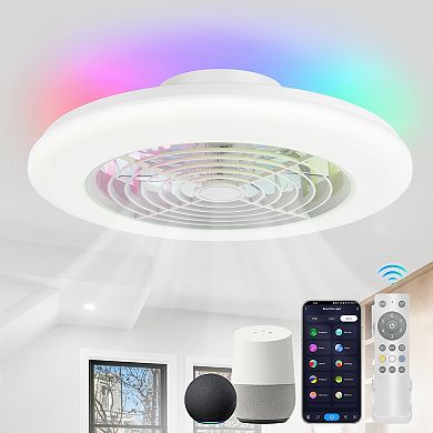 19-In Flush Mount RGB Ceiling Fan with 5 Blades, LED Light, DC Motor, 6 Speed Remote Control, Timer