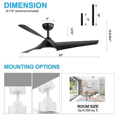 52-Inch Ceiling Fan with 3 ABS Blades, LED Light, 6-Speed DC Motor, 5''&10'' Downrods, Remote, Timer