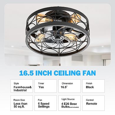 16.5" Cage Fan, Light Bulb, 7 ABS Blades, DC Motor, 6-Speed, Remote