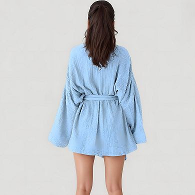 Women's Woven Textured Bath Robe with Waist Tie and Wide Sleeves