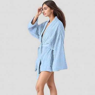 Women's Woven Textured Bath Robe with Waist Tie and Wide Sleeves