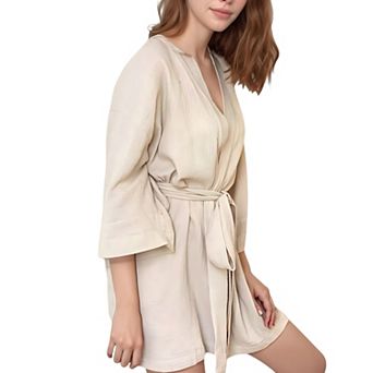 Women's Woven Textured Bath Robe with Waist Tie and Wide Sleeves