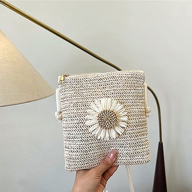 Women’s Straw Woven Crossbody Bag with Sunflower Accent
