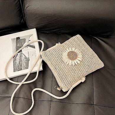 Women’s Straw Woven Crossbody Bag with Sunflower Accent