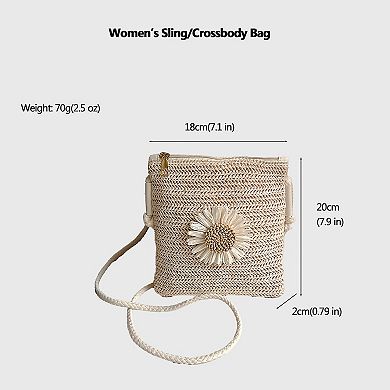Women’s Straw Woven Crossbody Bag with Sunflower Accent