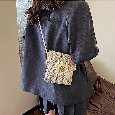 Women’s Straw Woven Crossbody Bag with Sunflower Accent
