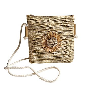 Women’s Straw Woven Crossbody Bag with Sunflower Accent
