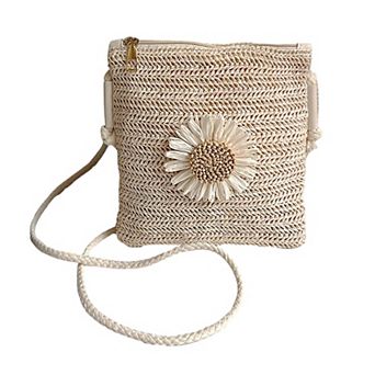 Women’s Straw Woven Crossbody Bag with Sunflower Accent