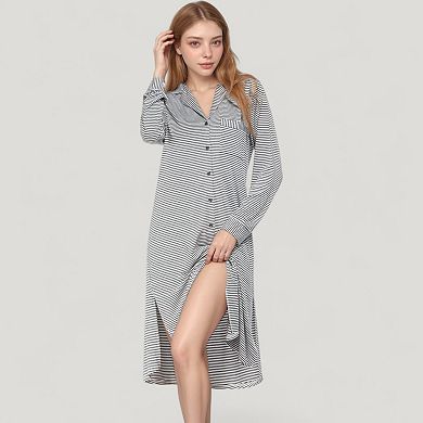 Women's Woven Stripe Long Sleeve Button Down Sleep Shirt with Lapel Collar and Curved Hem