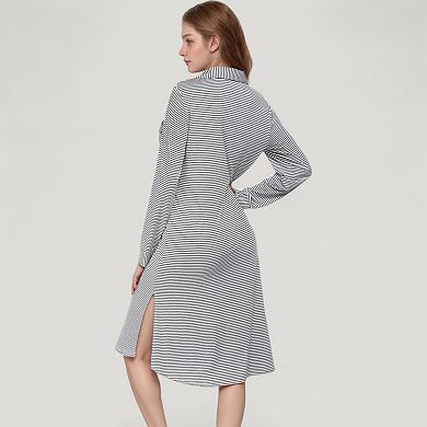 Women's Woven Stripe Long Sleeve Button Down Sleep Shirt with Lapel Collar and Curved Hem
