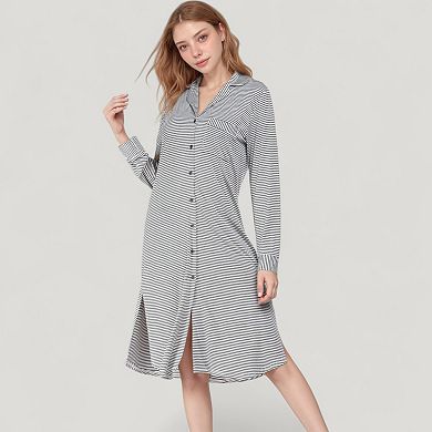 Women's Woven Stripe Long Sleeve Button Down Sleep Shirt with Lapel Collar and Curved Hem