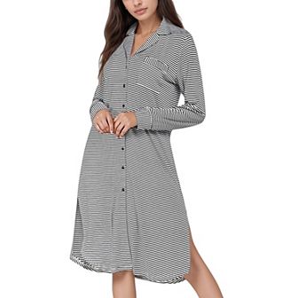 Women's Woven Stripe Long Sleeve Button Down Sleep Shirt with Lapel Collar and Curved Hem