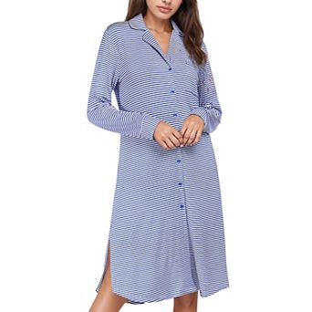 Women's Woven Stripe Long Sleeve Button Down Sleep Shirt with Lapel Collar and Curved Hem
