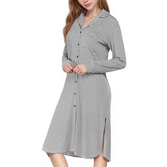 Women's Woven Stripe Long Sleeve Button Down Sleep Shirt with Lapel Collar and Curved Hem