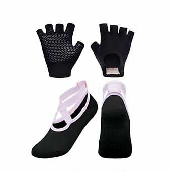 Yoga and Pilates Grip Sock and Fingerless Glove Set with Anti-Slip Design and Elastic Straps