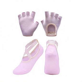 Yoga and Pilates Grip Sock and Fingerless Glove Set with Anti-Slip Design and Elastic Straps