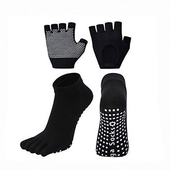 Yoga and Pilates Toe Sock and Fingerless Glove Set with Anti-Slip Grip and Breathable Stretch Fabric