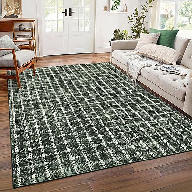 Machine Washable Rug with Non-Slip Backing Checked Stain-Resistant Low Pile Carpet