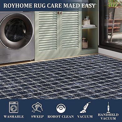 Machine Washable Rug with Non-Slip Backing Checked Stain-Resistant Low Pile Carpet