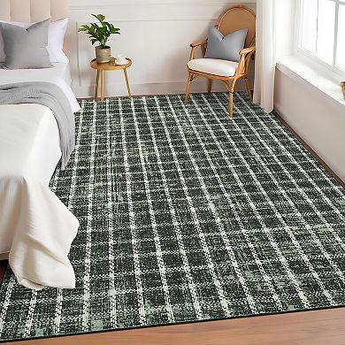 Machine Washable Rug with Non-Slip Backing Checked Stain-Resistant Low Pile Carpet