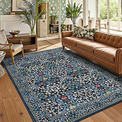 Floral Machine Washable Rug with Rubber Backing Stain-Resistant Low Pile Carpet