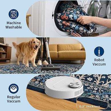 Floral Machine Washable Rug with Rubber Backing Stain-Resistant Low Pile Carpet