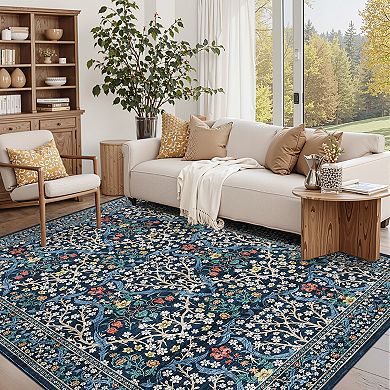 Floral Machine Washable Rug with Rubber Backing Stain-Resistant Low Pile Carpet