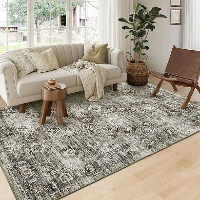 Machine Washable Rug with Non-Slip Backing Vintage Stain-Resistant Low Pile Carpet