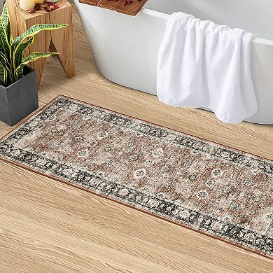 Machine Washable Rug with Non-Slip Backing Vintage Stain-Resistant Low Pile Carpet