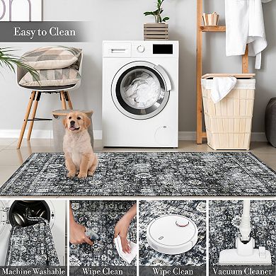 Machine Washable Rug with Non-Slip Backing Vintage Stain-Resistant Low Pile Carpet