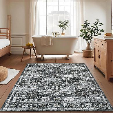 Machine Washable Rug with Non-Slip Backing Vintage Stain-Resistant Low Pile Carpet
