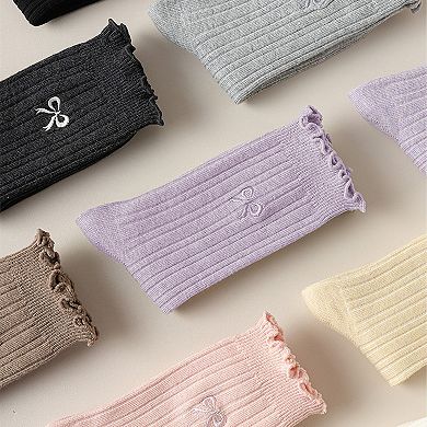 Women's Summer Ribbed Ankle Socks with Bow Embroidery Casual 5Pk