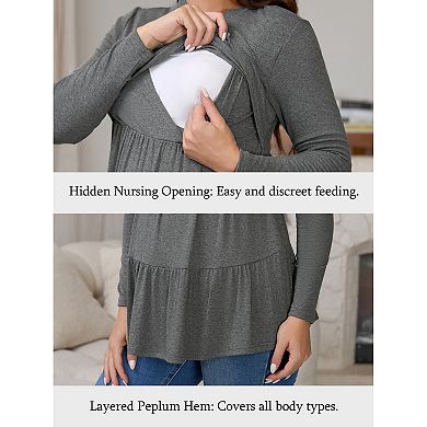 Women's Nursing Top Pleated Long Sleeve Tunic Postpartum Breastfeeding Shirt Pregnancy Clothes