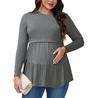 Women's Nursing Top Pleated Long Sleeve Tunic Postpartum Breastfeeding Shirt Pregnancy Clothes
