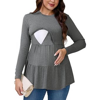 Women's Nursing Top Pleated Long Sleeve Tunic Postpartum Breastfeeding Shirt Pregnancy Clothes