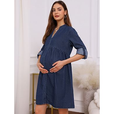 Women's Maternity Denim Dress Babydoll Long Sleeve Cotton Button Down Shirt Dresses