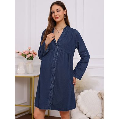 Women's Maternity Denim Dress Babydoll Long Sleeve Cotton Button Down Shirt Dresses