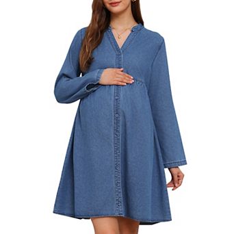 Women's Maternity Denim Dress Babydoll Long Sleeve Cotton Button Down Shirt Dresses
