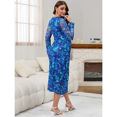 Women's Maternity Dress Floral Mesh Ruched Side Bodycon Long Sleeve Pregnancy Dresses Wedding Guest