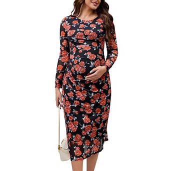 Women's Maternity Dress Floral Mesh Ruched Side Bodycon Long Sleeve Pregnancy Dresses Wedding Guest