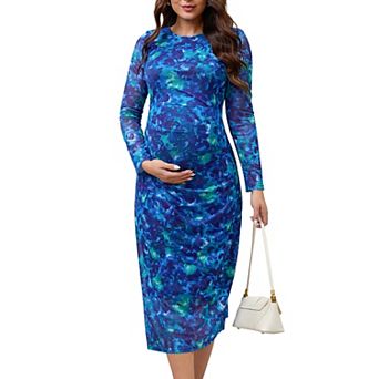 Women's Maternity Dress Floral Mesh Ruched Side Bodycon Long Sleeve Pregnancy Dresses Wedding Guest