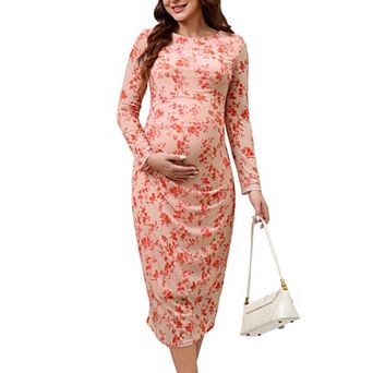 Women's Maternity Dress Floral Mesh Ruched Side Bodycon Long Sleeve Pregnancy Dresses Wedding Guest