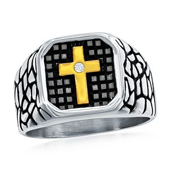 Men's Metallo Stainless Steel Cross Pebbled Ring