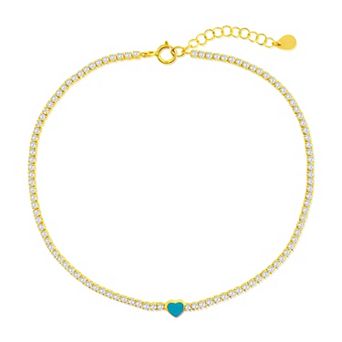 Argento Bella Sterling Silver Cubic Zirconia Turquoise Enamel Heart Anklet