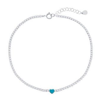 Argento Bella Sterling Silver Cubic Zirconia Turquoise Enamel Heart Anklet