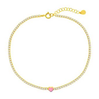 Argento Bella Sterling Silver Cubic Zirconia Pink Enamel Heart Anklet